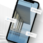 A phone showcasing a real estate listing with a pool, kitchen, and bedrooms.